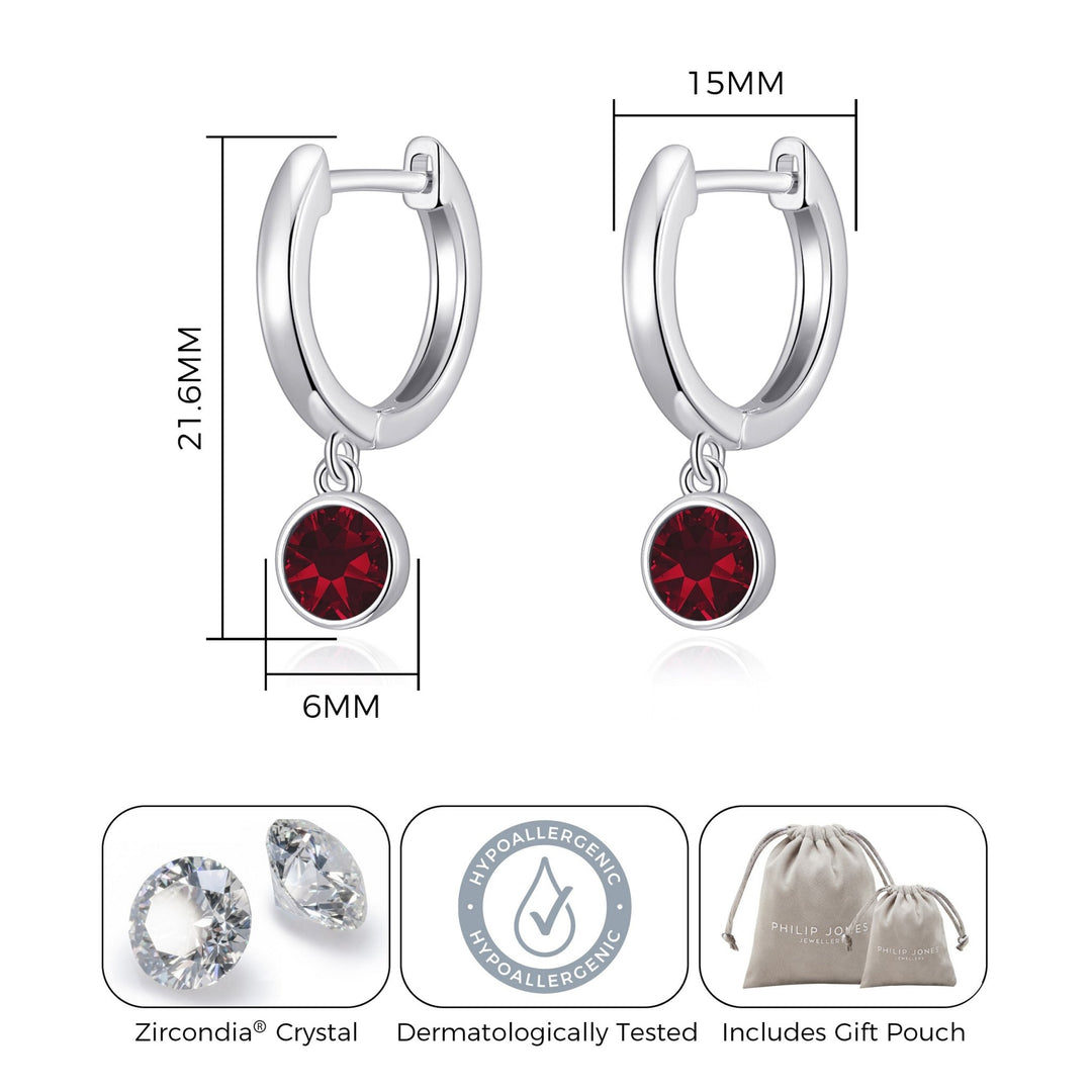 Dark Red Crystal Hoop Earrings Created with Zircondia® Crystals - Philip Jones Jewellery