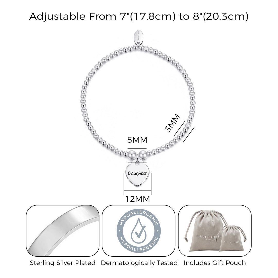 Daughter Heart Charm Beaded Stretch Bracelet - Philip Jones Jewellery