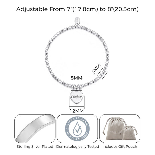 Daughter Heart Charm Beaded Stretch Bracelet - Philip Jones Jewellery