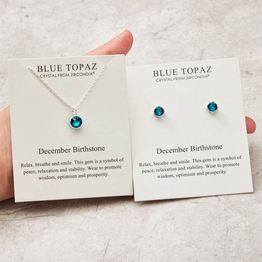 December (Blue Topaz) Birthstone Necklace & Earrings Set Created with Zircondia® Crystals - Philip Jones Jewellery