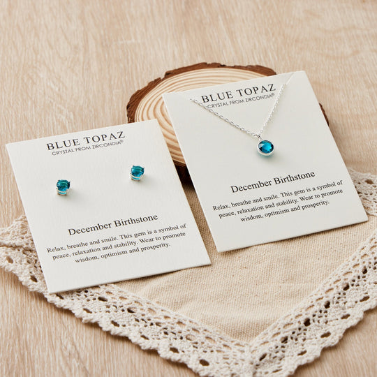 December (Blue Topaz) Birthstone Necklace & Earrings Set Created with Zircondia® Crystals - Philip Jones Jewellery