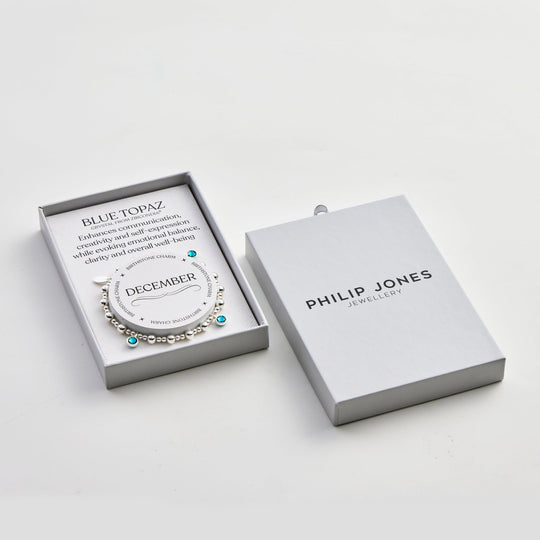 December (Blue Topaz) Birthstone Stretch Charm Bracelet with Quote Gift Box - Philip Jones Jewellery