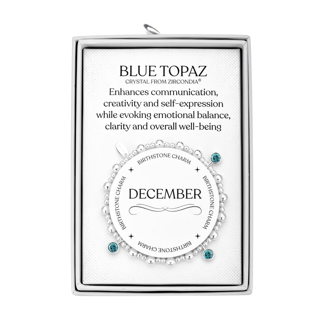 December (Blue Topaz) Birthstone Stretch Charm Bracelet with Quote Gift Box - Philip Jones Jewellery