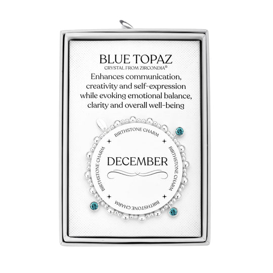 December (Blue Topaz) Birthstone Stretch Charm Bracelet with Quote Gift Box - Philip Jones Jewellery