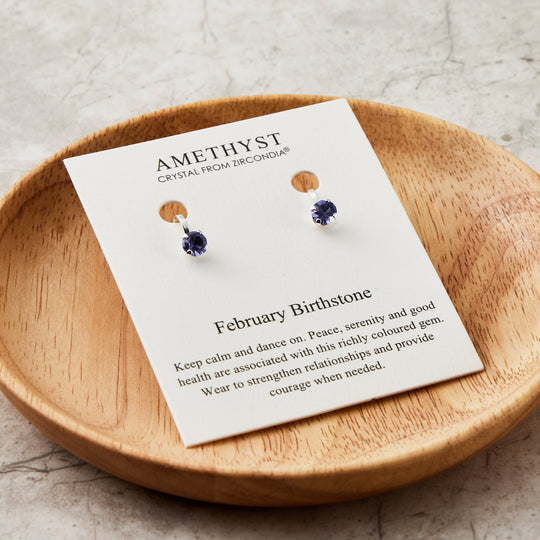 February (Amethyst) Birthstone Clip On Earrings Created with Zircondia® Crystals - Philip Jones Jewellery