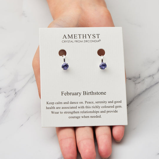 February (Amethyst) Birthstone Clip On Earrings Created with Zircondia® Crystals - Philip Jones Jewellery