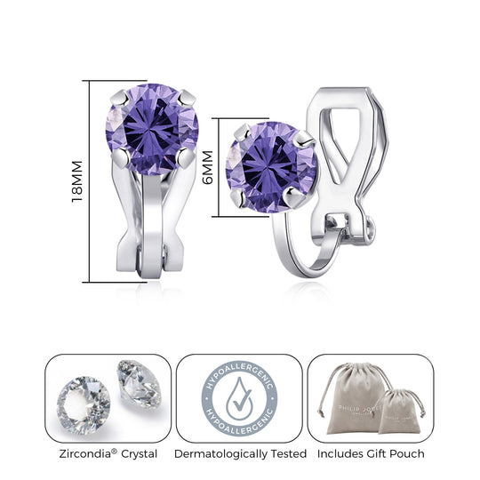 February (Amethyst) Birthstone Clip On Earrings Created with Zircondia® Crystals - Philip Jones Jewellery