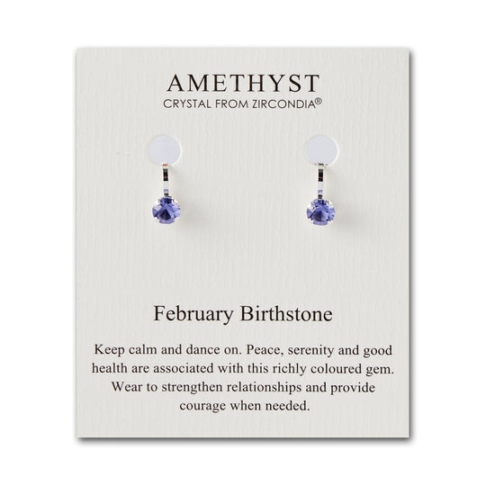 February (Amethyst) Birthstone Clip On Earrings Created with Zircondia® Crystals - Philip Jones Jewellery