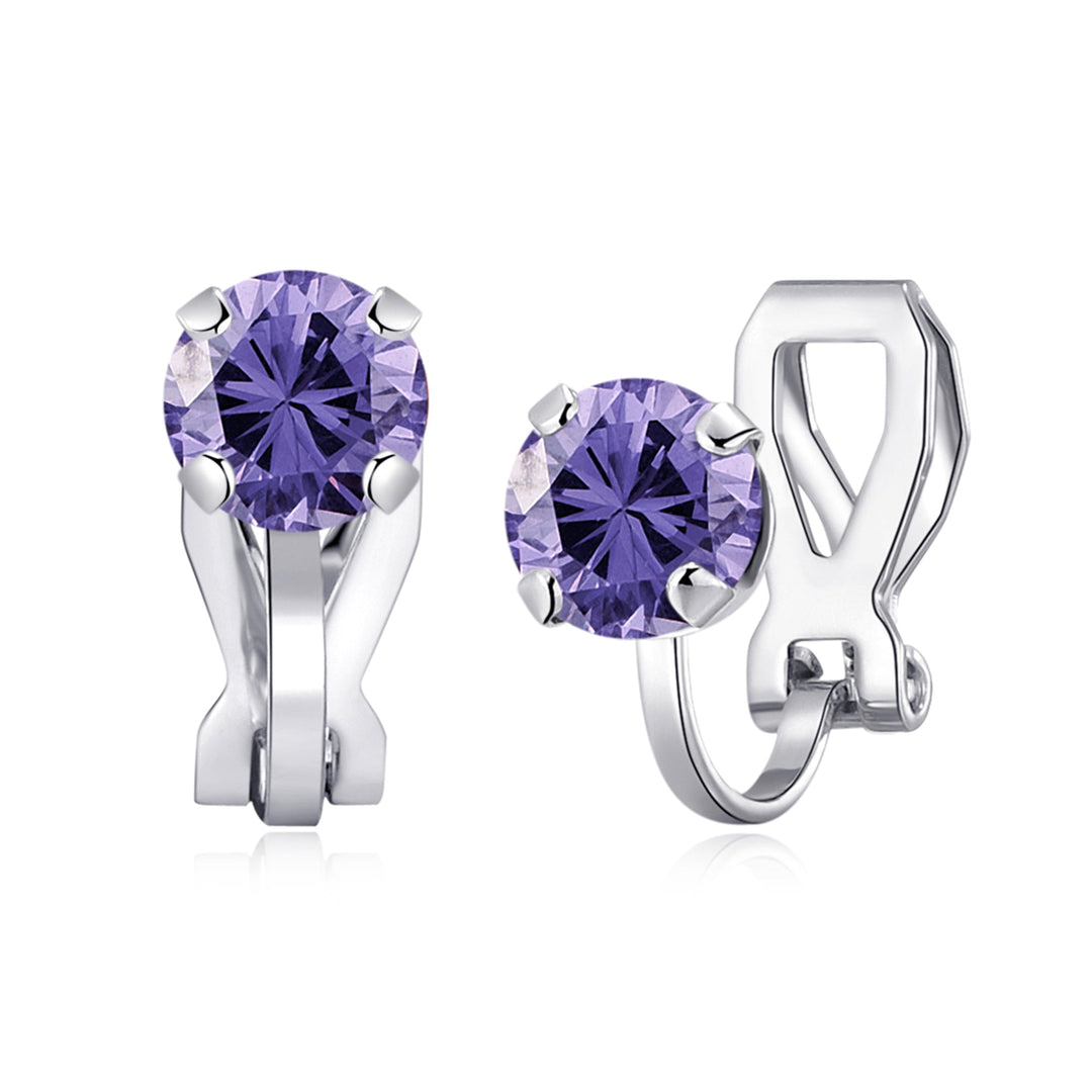 February (Amethyst) Birthstone Clip On Earrings Created with Zircondia® Crystals - Philip Jones Jewellery