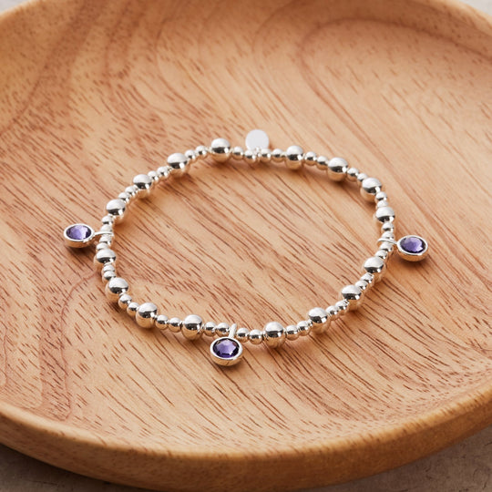 February (Amethyst) Birthstone Stretch Charm Bracelet with Quote Gift Box - Philip Jones Jewellery