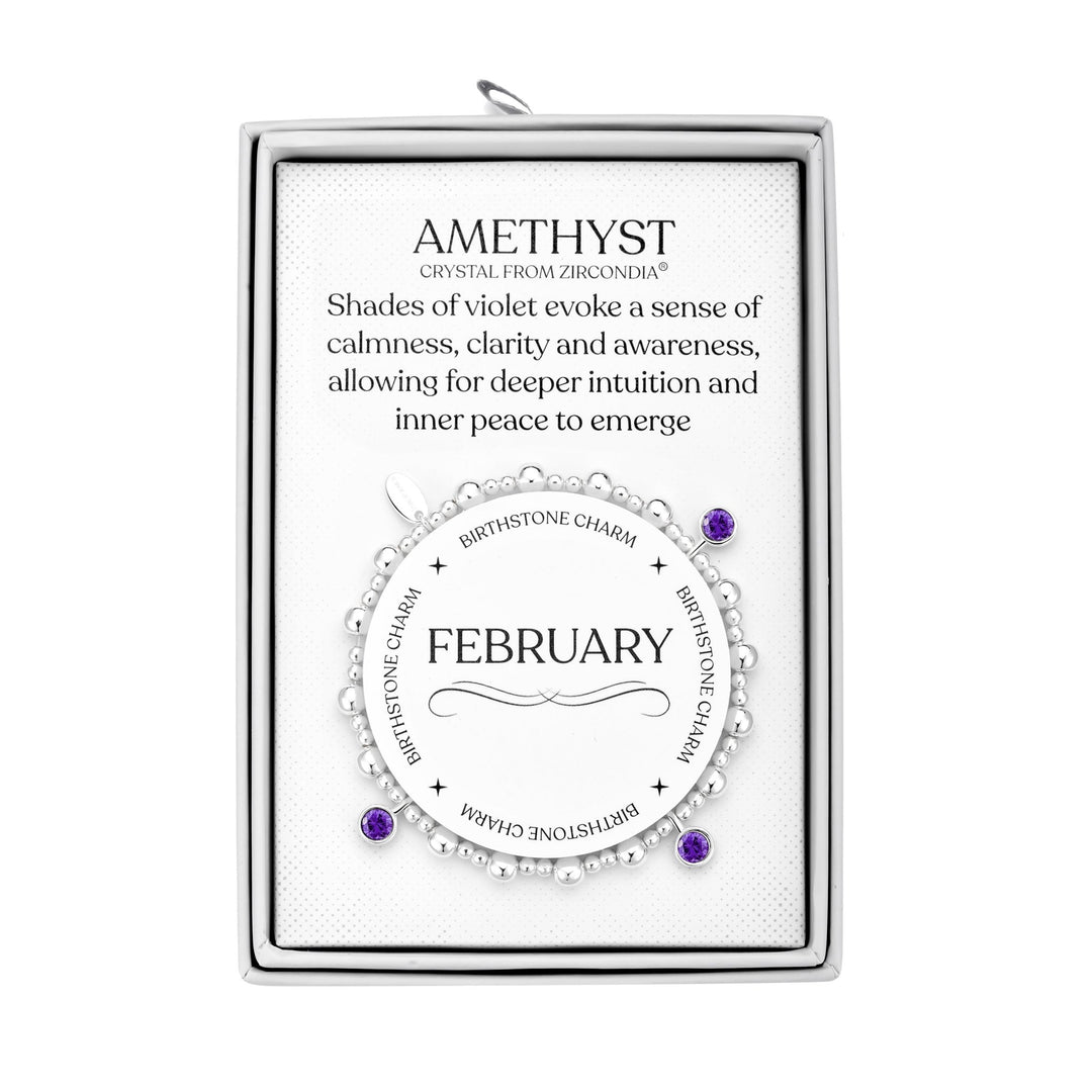 February (Amethyst) Birthstone Stretch Charm Bracelet with Quote Gift Box - Philip Jones Jewellery