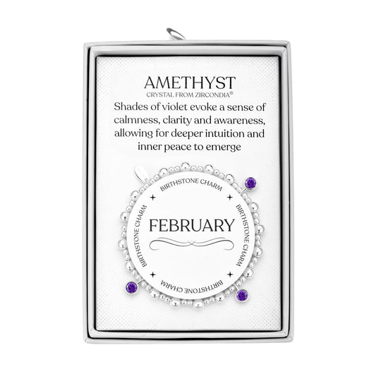 February (Amethyst) Birthstone Stretch Charm Bracelet with Quote Gift Box - Philip Jones Jewellery