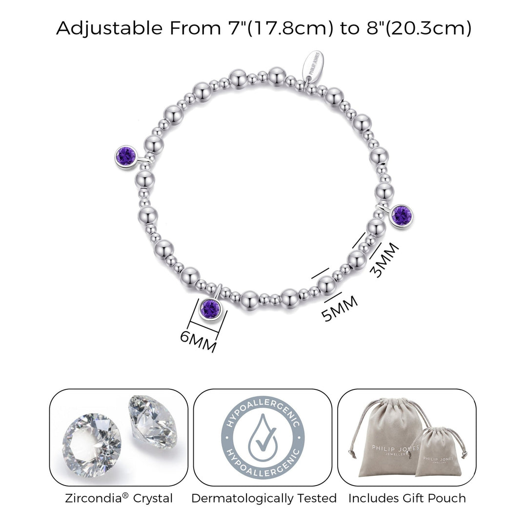 February (Amethyst) Birthstone Stretch Charm Bracelet with Quote Gift Box - Philip Jones Jewellery