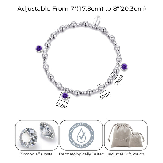 February (Amethyst) Birthstone Stretch Charm Bracelet with Quote Gift Box - Philip Jones Jewellery