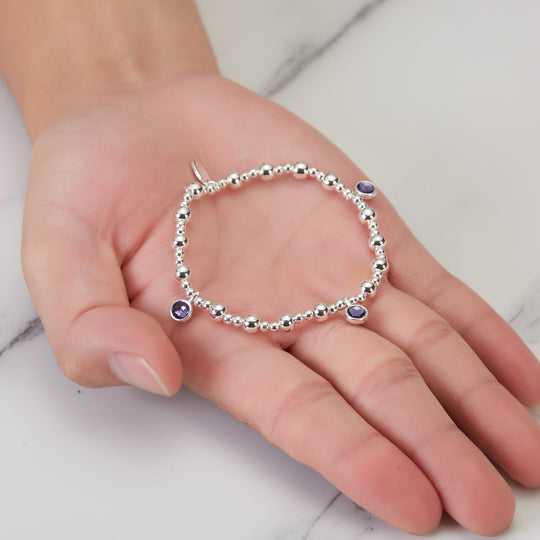 February (Amethyst) Birthstone Stretch Charm Bracelet with Quote Gift Box - Philip Jones Jewellery