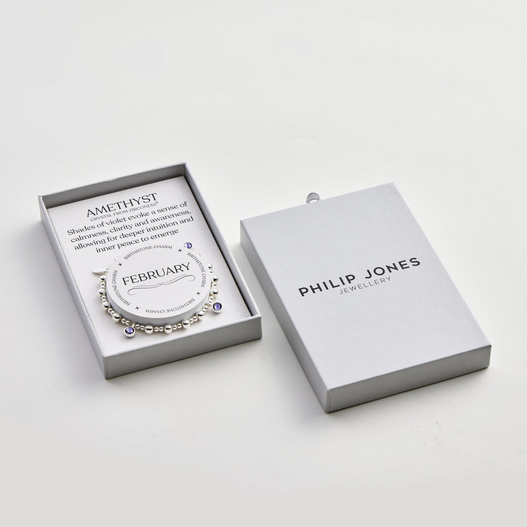February (Amethyst) Birthstone Stretch Charm Bracelet with Quote Gift Box - Philip Jones Jewellery