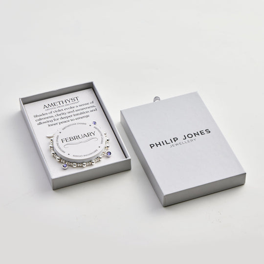 February (Amethyst) Birthstone Stretch Charm Bracelet with Quote Gift Box - Philip Jones Jewellery