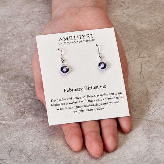 February Birthstone Drop Earrings Created with Amethyst Zircondia® Crystals - Philip Jones Jewellery