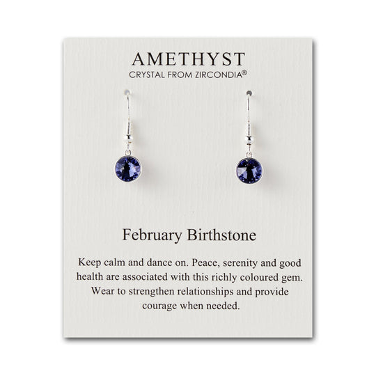 February Birthstone Drop Earrings Created with Amethyst Zircondia® Crystals - Philip Jones Jewellery