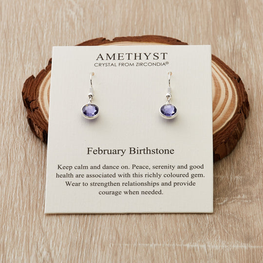 February Birthstone Drop Earrings Created with Amethyst Zircondia® Crystals - Philip Jones Jewellery