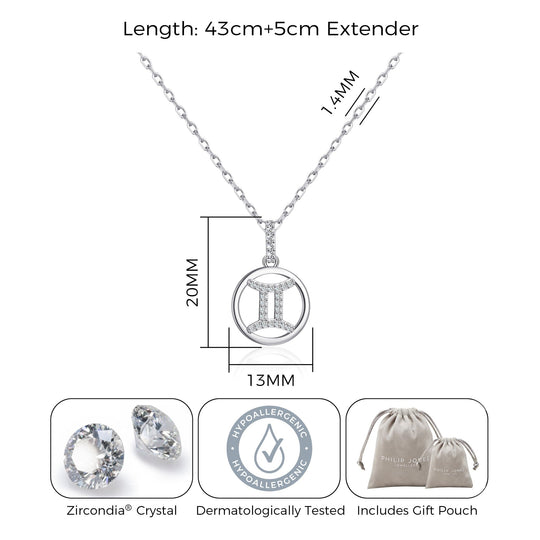 Gemini Star Sign Zodiac Necklace with Zircondia® Crystals - Philip Jones Jewellery