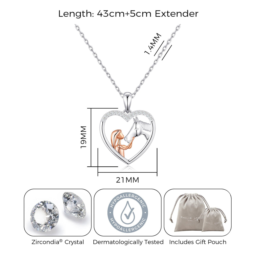 Girl and Horse Heart Necklace Created with Zircondia® Crystals - Philip Jones Jewellery