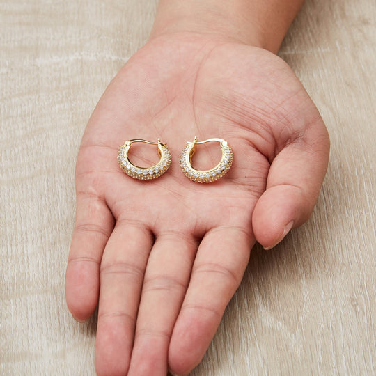 Gold Plated 20mm Pave Hoop Earrings Created with Zircondia® Crystals - Philip Jones Jewellery