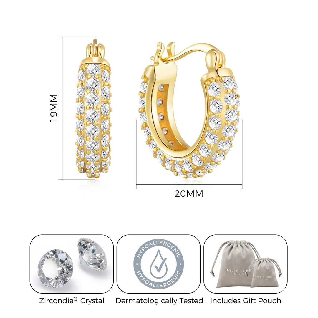 Gold Plated 20mm Pave Hoop Earrings Created with Zircondia® Crystals - Philip Jones Jewellery