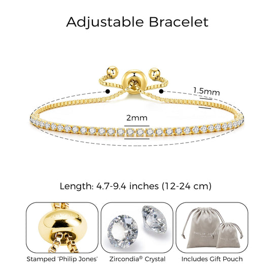 Gold Plated 2mm Adjustable Tennis Bracelet Created with Zircondia® Crystals - Philip Jones Jewellery