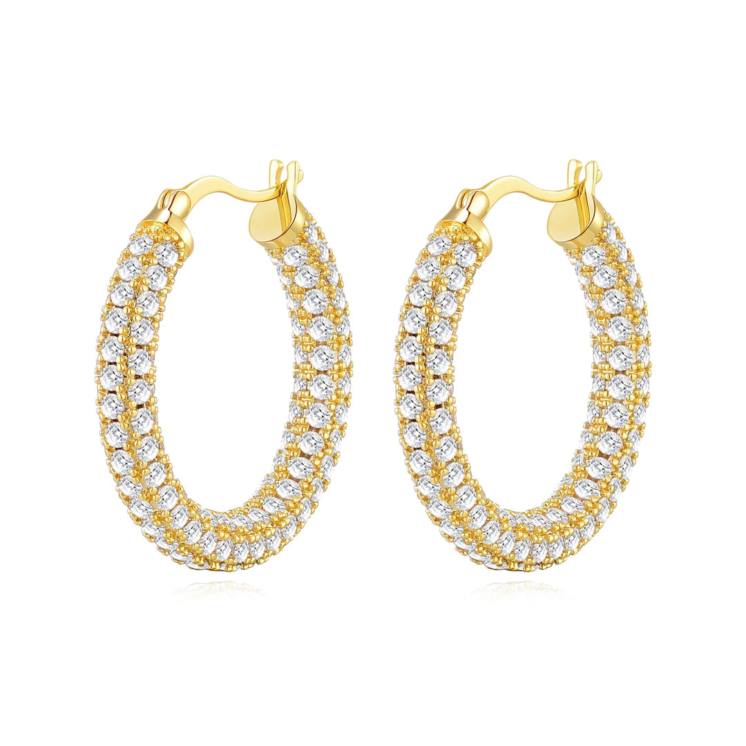 Gold Plated 30mm Pave Hoop Earrings Created with Zircondia® Crystals - Philip Jones Jewellery