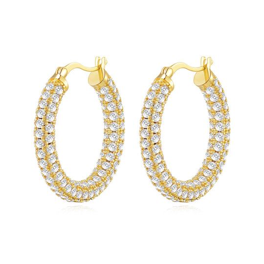 Gold Plated 30mm Pave Hoop Earrings Created with Zircondia® Crystals - Philip Jones Jewellery