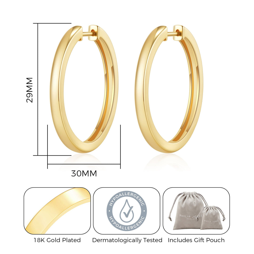 Gold Plated 30mm Plain Hoop Earrings Created with Zircondia® Crystals - Philip Jones Jewellery