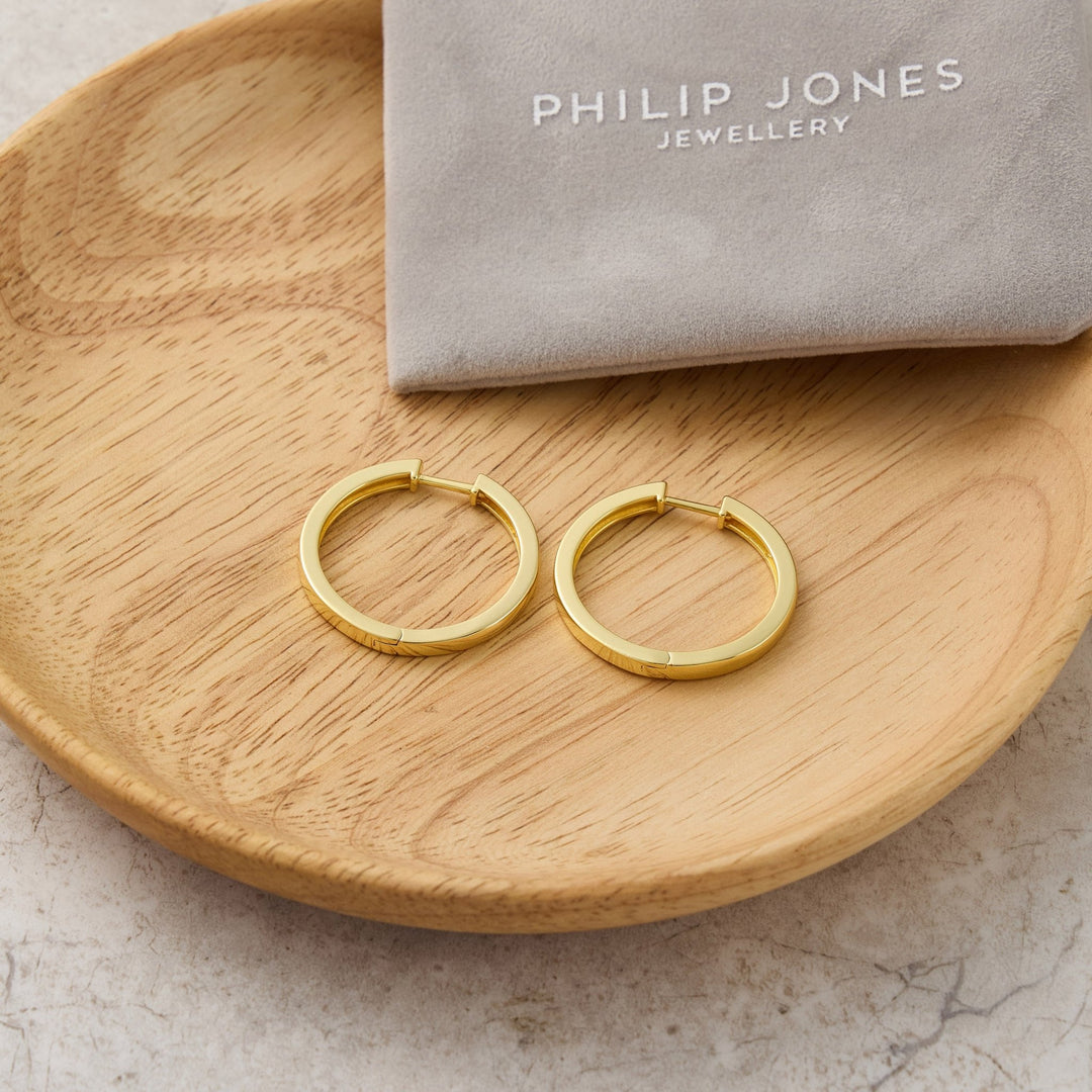 Gold Plated 30mm Plain Hoop Earrings Created with Zircondia® Crystals - Philip Jones Jewellery