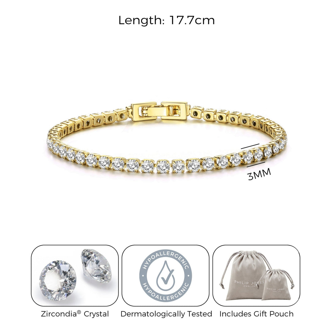 Gold Plated 3mm Tennis Bracelet Created with Zircondia® Crystals - Philip Jones Jewellery
