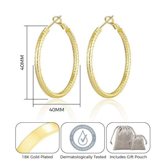Gold Plated 40mm Diamond Cut Hoop Earrings - Philip Jones Jewellery