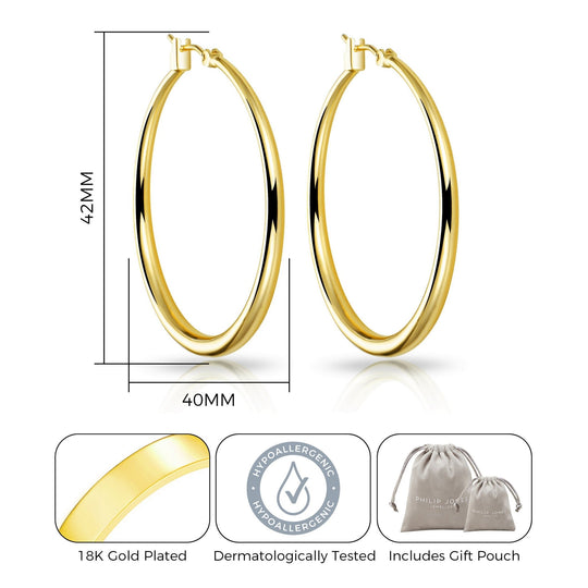 Gold Plated 40mm Hoop Earrings - Philip Jones Jewellery