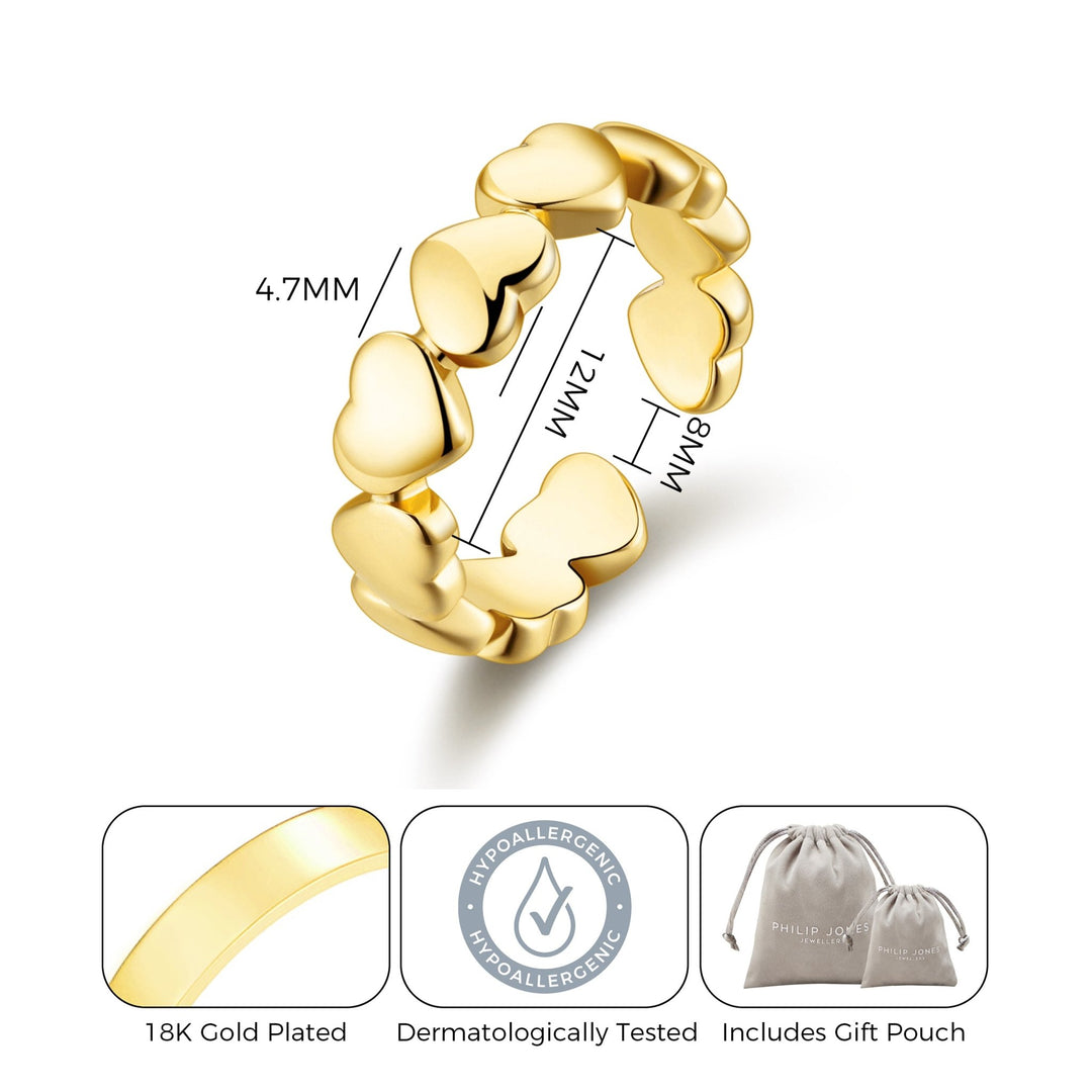 Gold Plated Adjustable Heart Band Ring - Philip Jones Jewellery