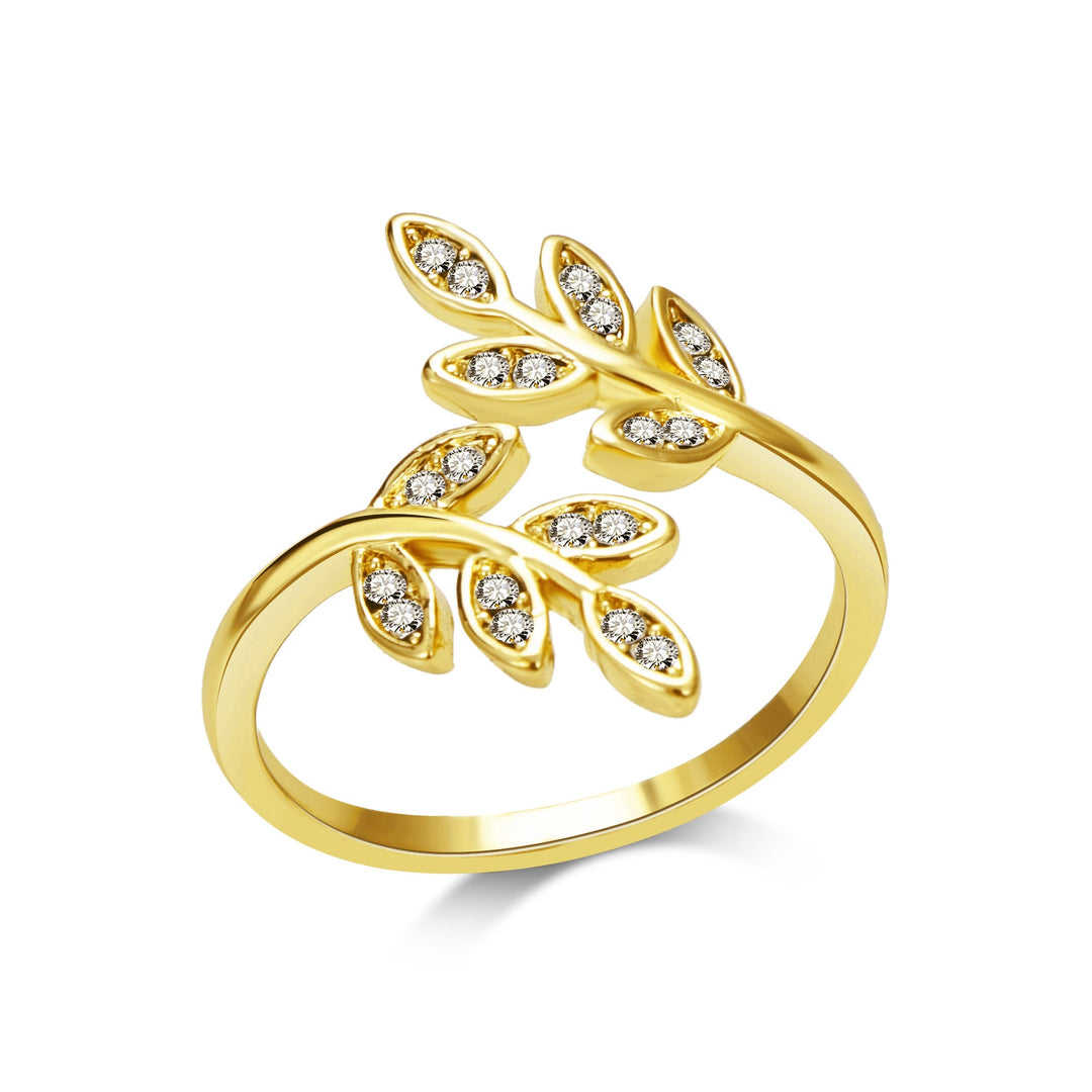 Gold Plated Adjustable Leaf Ring Created with Zircondia® Crystals - Philip Jones Jewellery