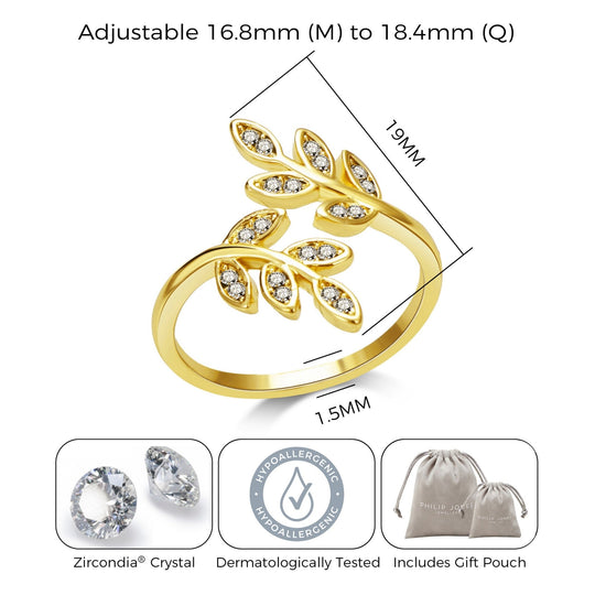 Gold Plated Adjustable Leaf Ring Created with Zircondia® Crystals - Philip Jones Jewellery
