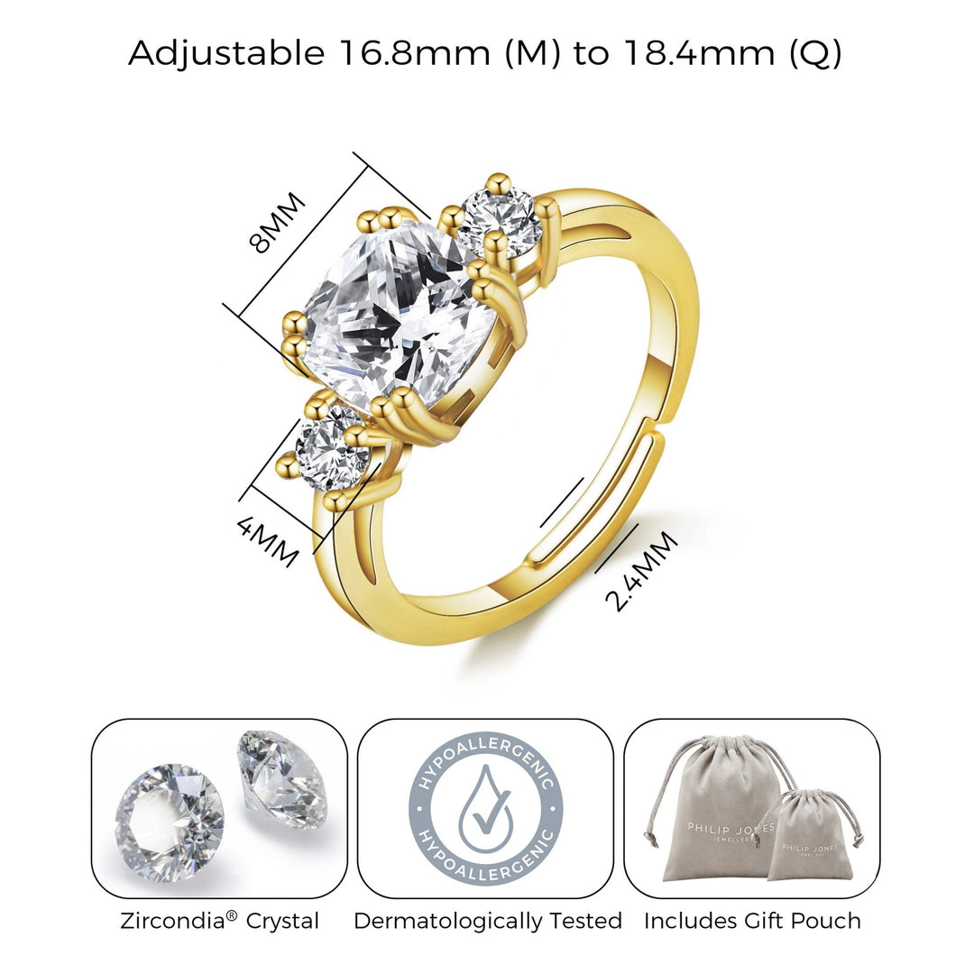 Gold Plated Adjustable Three Stone Ring Created with Zircondia® Crystals - Philip Jones Jewellery
