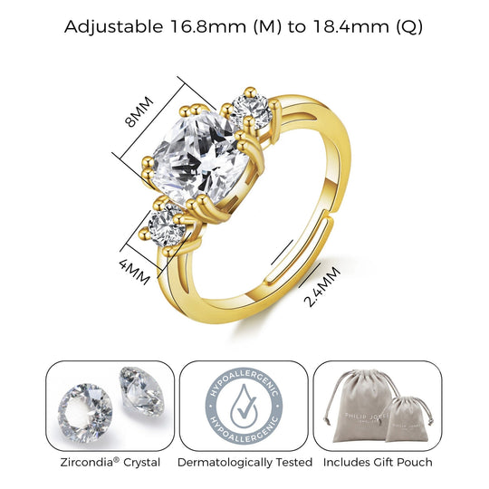 Gold Plated Adjustable Three Stone Ring Created with Zircondia® Crystals - Philip Jones Jewellery