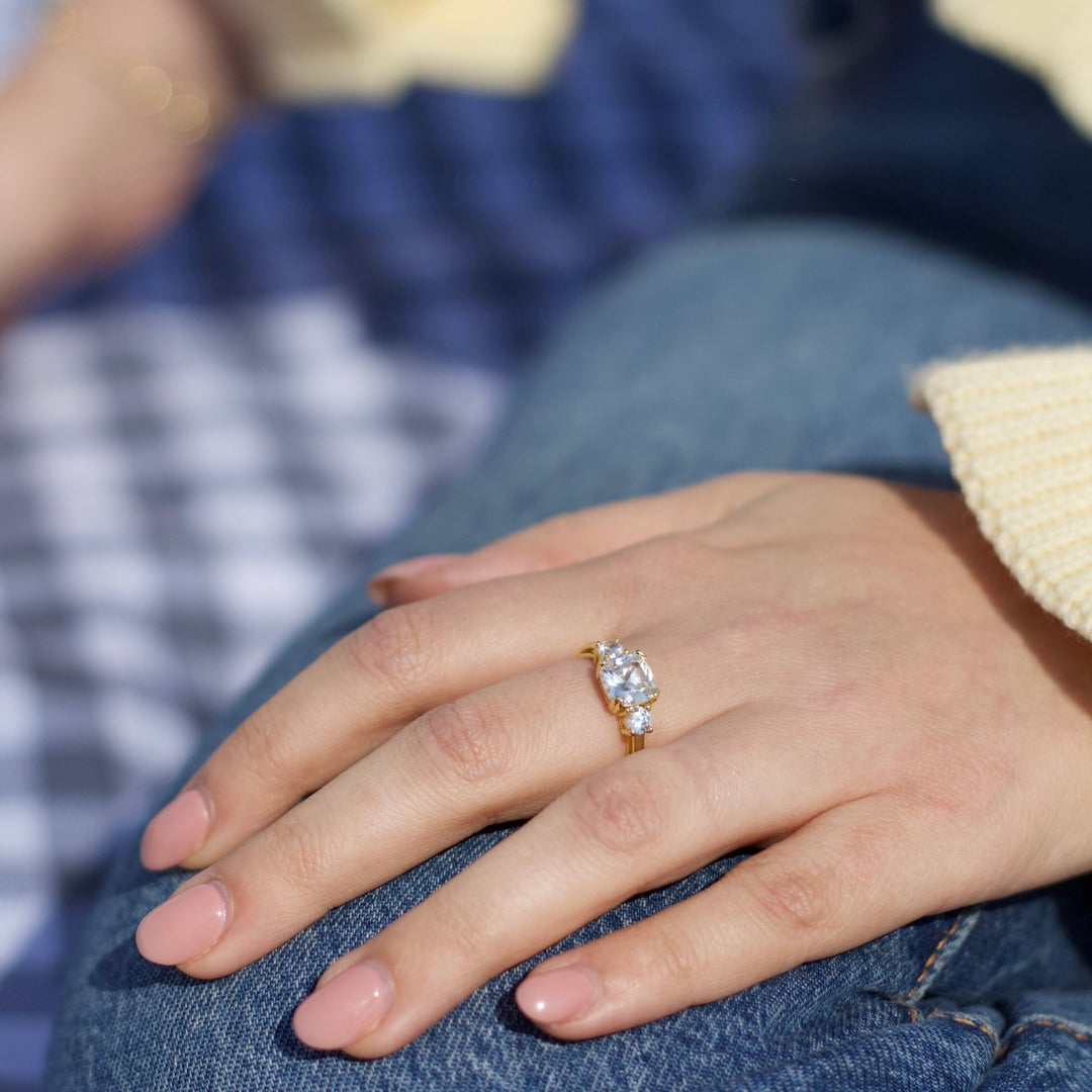 Gold Plated Adjustable Three Stone Ring Created with Zircondia® Crystals - Philip Jones Jewellery