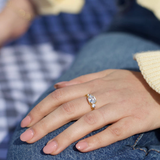 Gold Plated Adjustable Three Stone Ring Created with Zircondia® Crystals - Philip Jones Jewellery