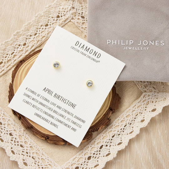 Gold Plated April (Diamond) Birthstone Earrings Created with Zircondia® Crystals - Philip Jones Jewellery