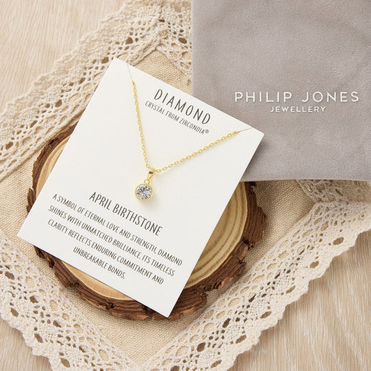 Gold Plated April (Diamond) Birthstone Necklace Created with Zircondia® Crystals - Philip Jones Jewellery