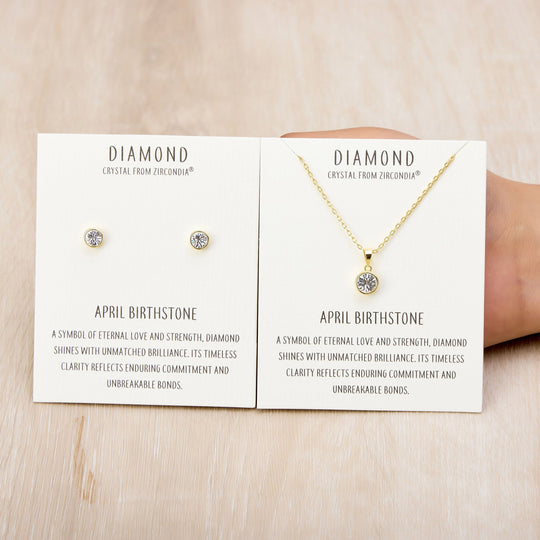 Gold Plated April (Diamond) Birthstone Necklace & Earrings Set Created with Zircondia® Crystals - Philip Jones Jewellery