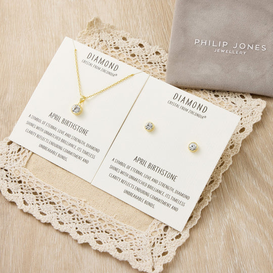 Gold Plated April (Diamond) Birthstone Necklace & Earrings Set Created with Zircondia® Crystals - Philip Jones Jewellery