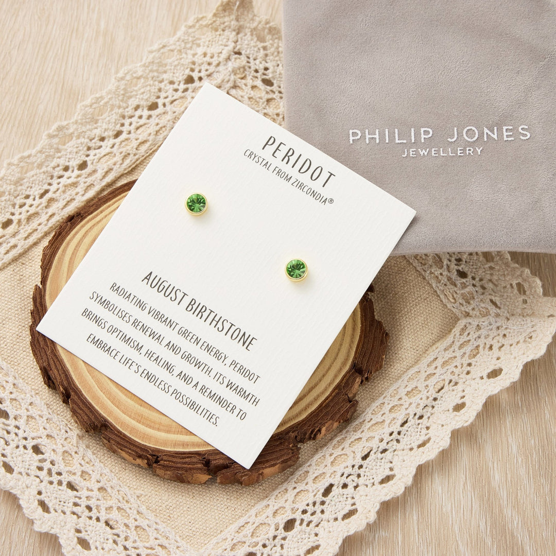Gold Plated August (Peridot) Birthstone Earrings Created with Zircondia® Crystals - Philip Jones Jewellery