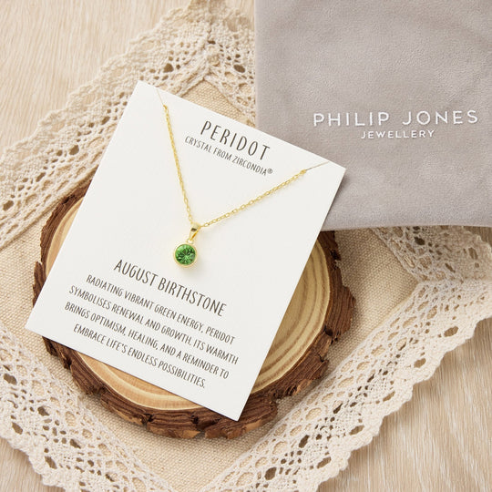 Gold Plated August (Peridot) Birthstone Necklace Created with Zircondia® Crystals - Philip Jones Jewellery