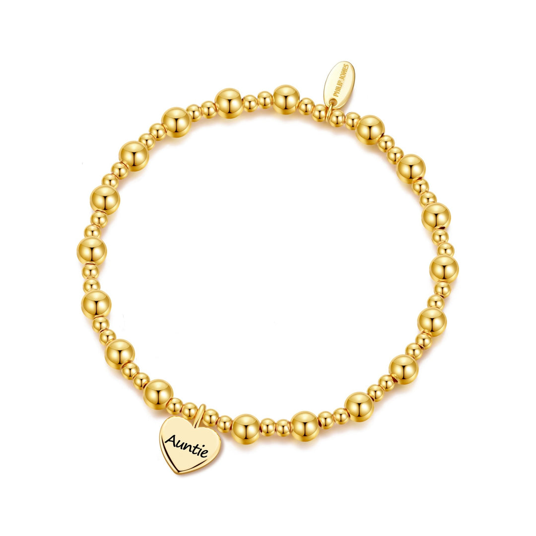 Gold Plated Auntie Heart Charm Beaded Stretch Bracelet - Philip Jones Jewellery